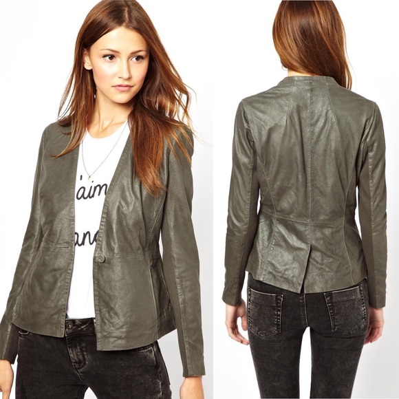 MUUBAA Shaula Leather Blazer Jacket in Metallic Grey Green - Picture 1 of 14